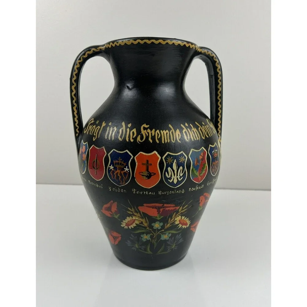 Vintage Double Handled Black Pottery Vase Made In Germany Handpainted Vase